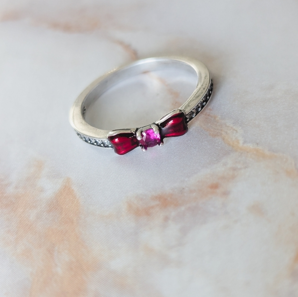 925 Sterling Silver Red Bow Ring Dainty Crystal Coquette Jewelry Size 6.5 - Picture 5 of 6